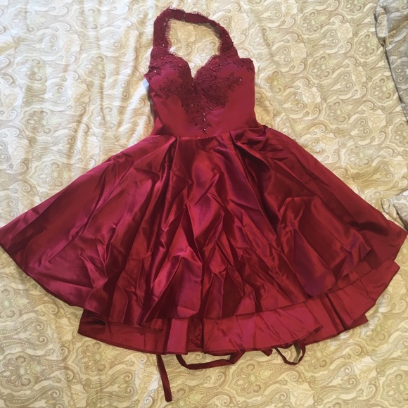 Yilis Burgundy Satin Hi-Lo Party Dress - Picture 2 of 5